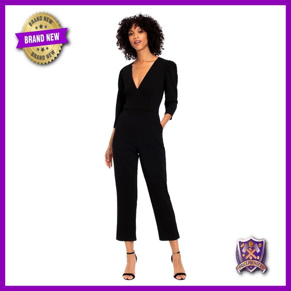 Deep V-Neck Jumpsuit with 3/4 Puff Sleeves and Pockets
